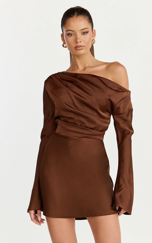 Sienna Mini Dress - Tipped Shoulder Long Sleeve Dress in Chocolate - IRIS PETAL