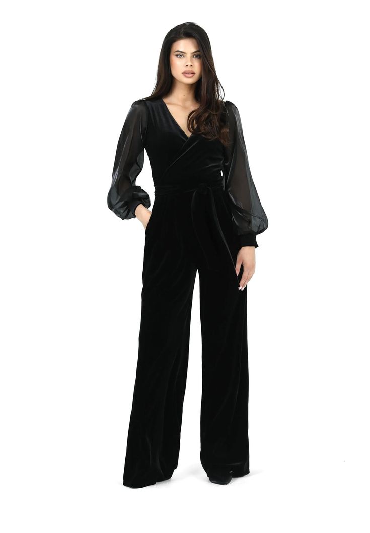 Velvet Jumpsuit Wide Leg Organza Sleeve Overalls Wedding Guest Pantsuit Etsy