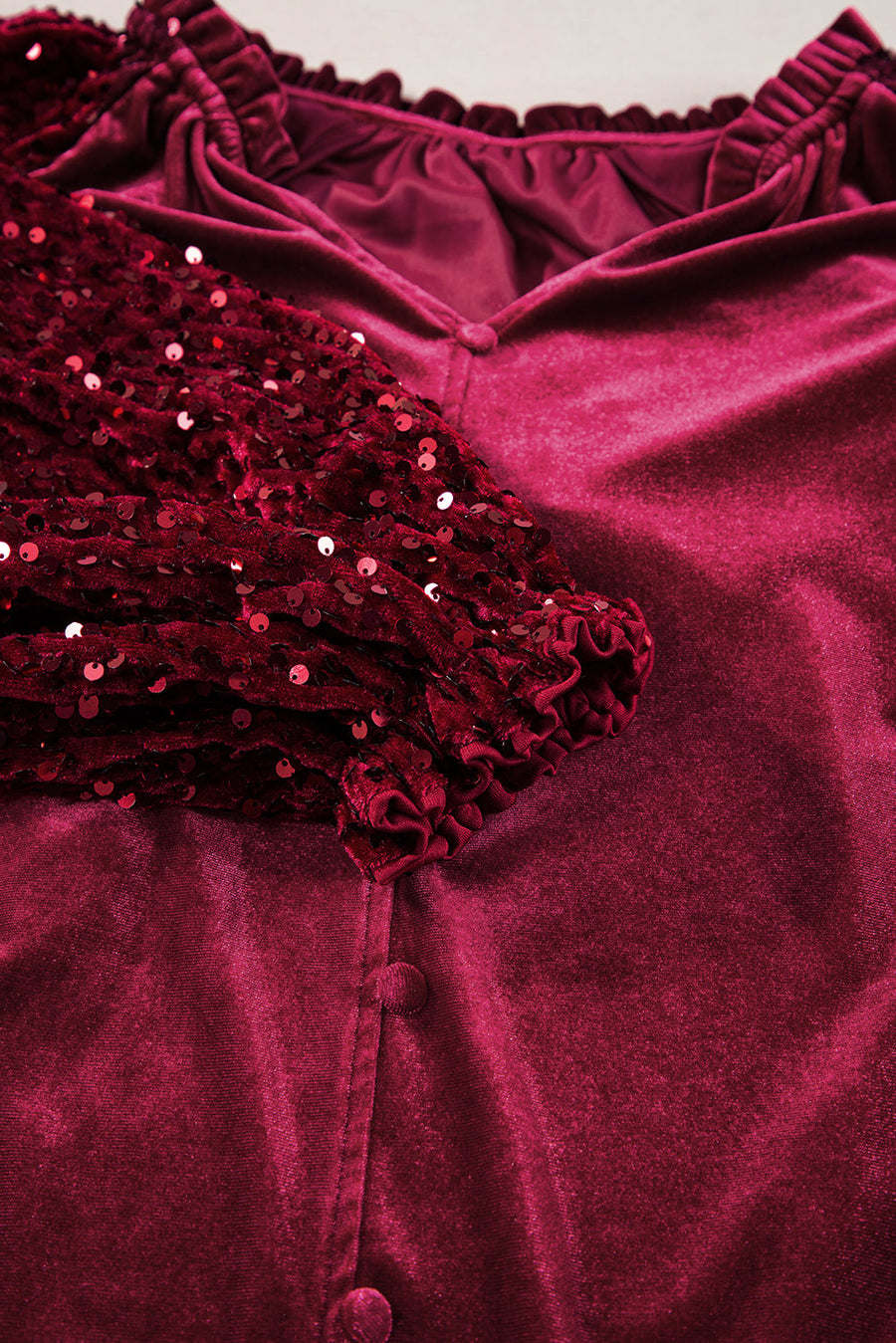 Dahlia Sequin Patchwork Sleeve Button Up Velvet Top