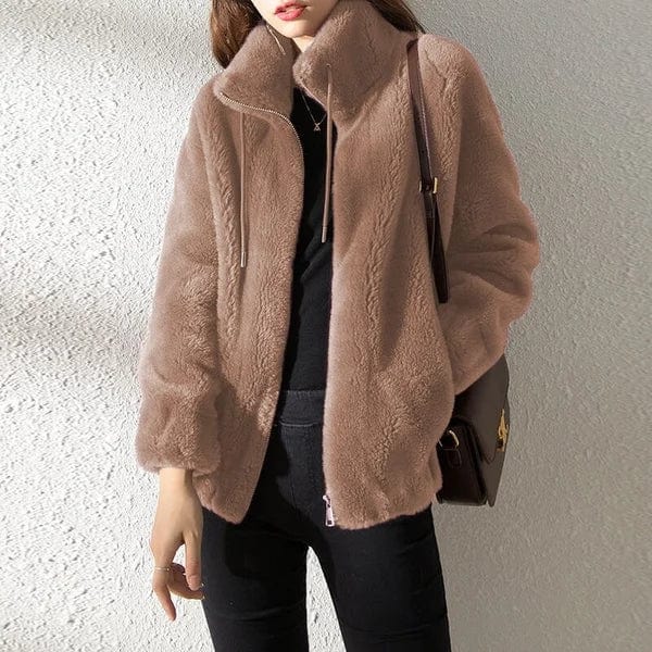 Women's Fleece Teddy Stand Collar Zip-Up Jacket with Drawstring Hood