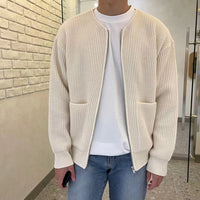 Men's Long Sleeve Crew Neck Zip-Up Ribbed Knit Cardigan with Pockets