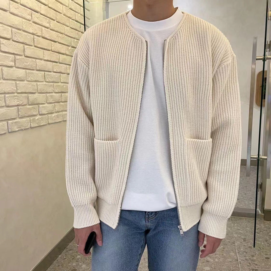 Men's Long Sleeve Crew Neck Zip-Up Ribbed Knit Cardigan with Pockets