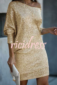 Solid Sequined Off Shoulder Loose Mini Dress