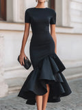 Black Women's Ruffled Mermaid Midi Dress, Short Sleeve Crew Neck, Asymmetrical