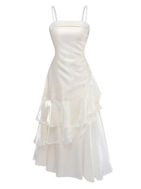 White 1940s Satin Tiered Spaghetti Strap Ruched Dress