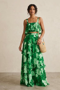 Green Floral Print Two-Piece Set, Sling Top, Ruffle Maxi Skirt, Resort Outfit