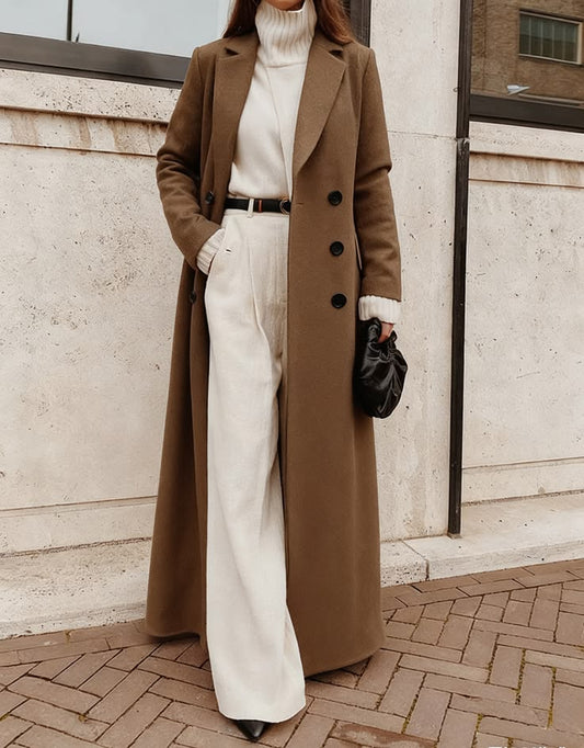 Woolen Solid Long Sleeve Maxi Coat Coffee