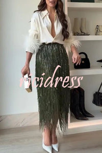 Party Crasher Layered Sequined Tassels High Rise Back Zipper Midi Skirt