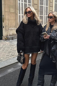 Solid Patchwork Chunky Fluffy Turtleneck Sweater