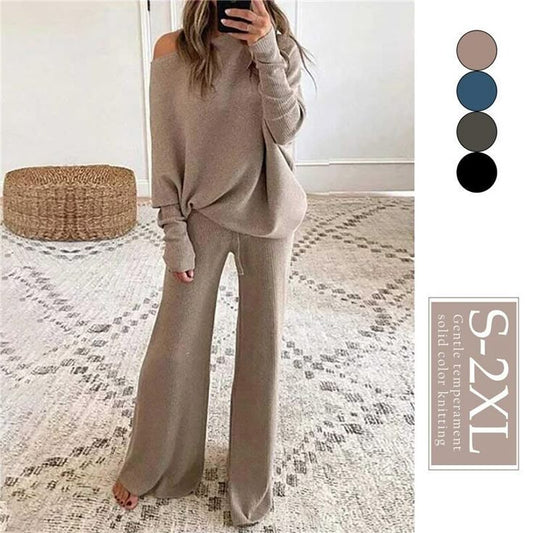 1set Pullover Pants Drawstring Slanted Neck Sweatshirt Sweatpants Two Piece Suit