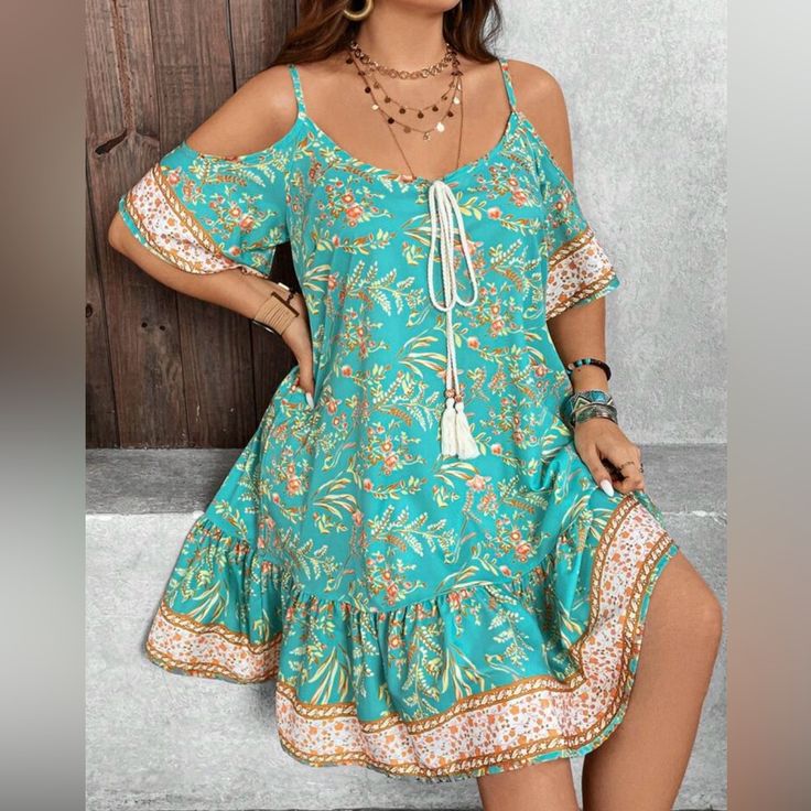 Boho Plus Paisleys Floral Print Cut Out Cold Shoulder Dress