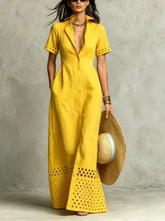 Cotton Casual Plain Hollow Out Shirt Collar Maxi Dress