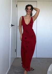 Red Print Sheath V Neck Chiffon Long Prom Dress Evening Dress Outfits SH7252