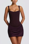 Cornelia Square Neck Back Lace-up Satin Drape Hem Mini Dress