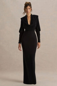 Black Cowl-Neck Maxi Dress With Draping Details