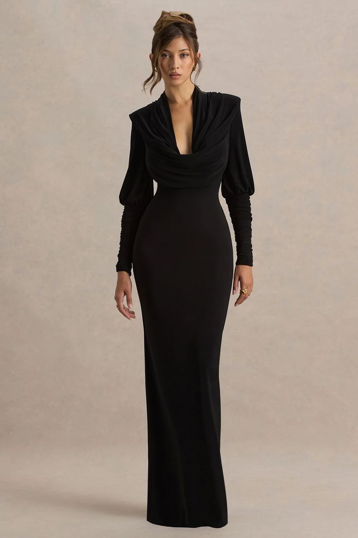 Black Cowl-Neck Maxi Dress With Draping Details