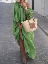 One Shoulder Ruched Neckline Puff Sleeve Oversized Linen Maxi Dress