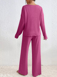 Ribbed Knit V Neck Top and Pants Set