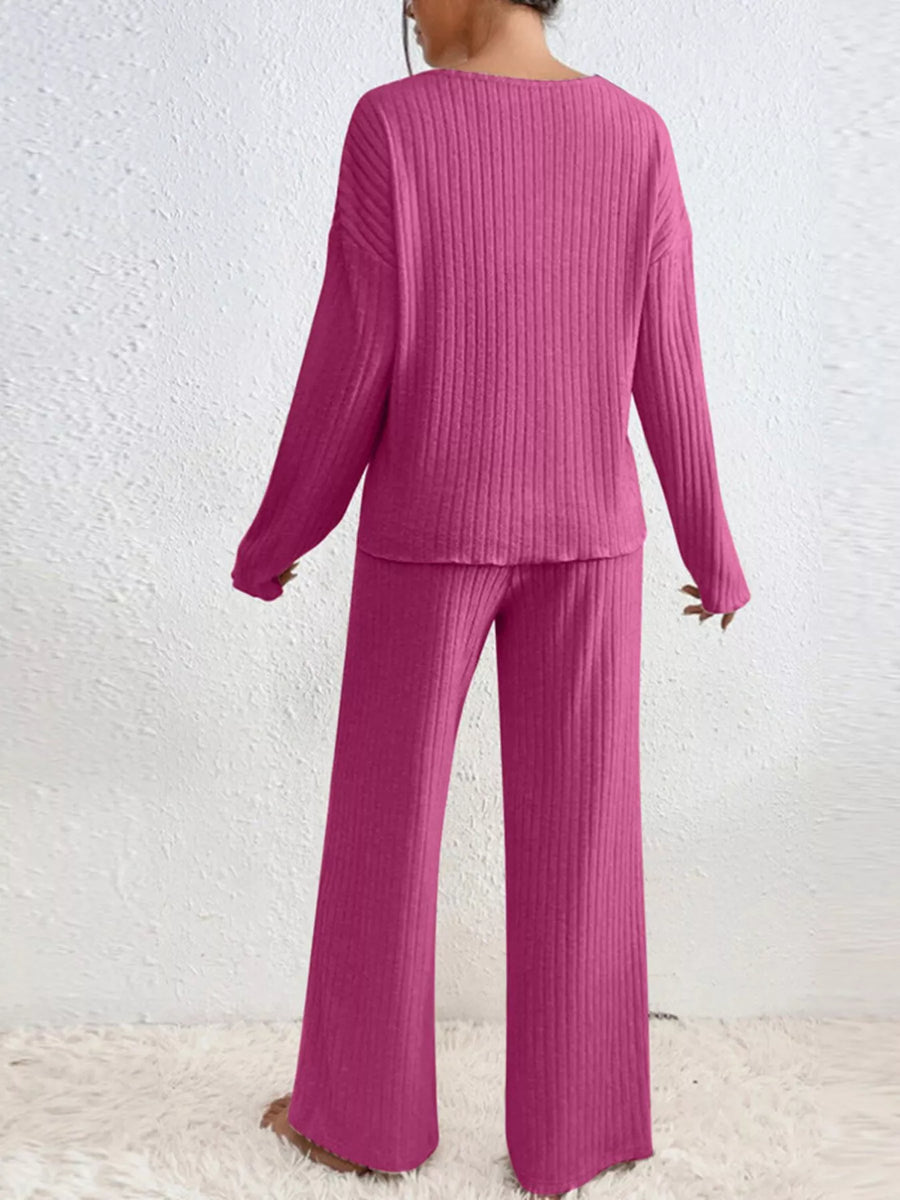 Ribbed Knit V Neck Top and Pants Set