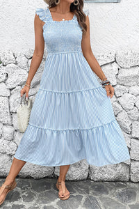 Blaues Gestreiftes Midi Sommerkleid mit quadratischem Ausschnitt