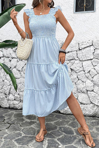 Blaues Gestreiftes Midi Sommerkleid mit quadratischem Ausschnitt