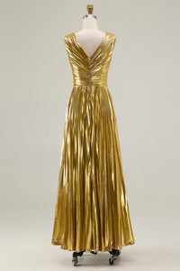 Valentina Gold Metallic Pleated Gown