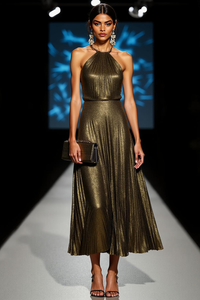 Olive Metallic Halter Maxi Dress