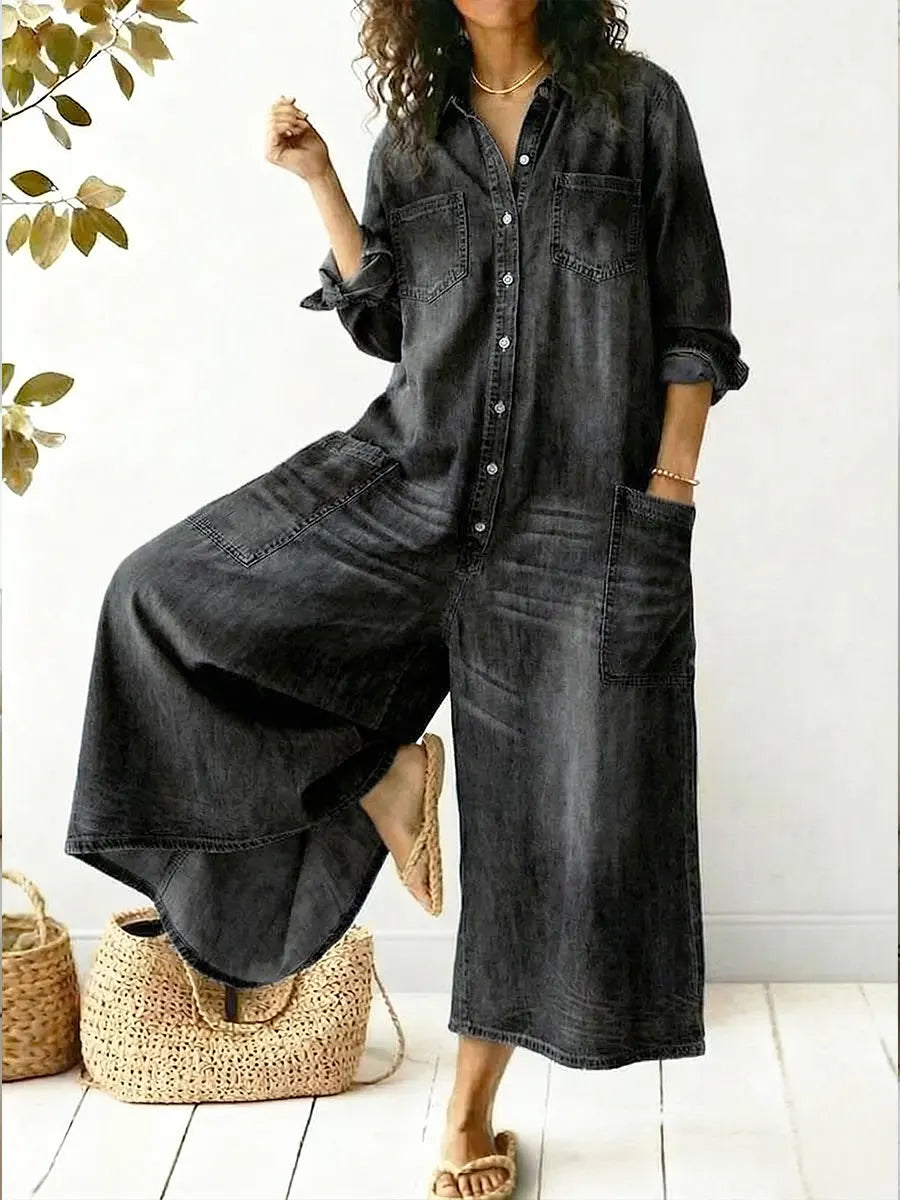 Orlysa | Women's Denim Wide-Leg Jumpsuit Button-Front