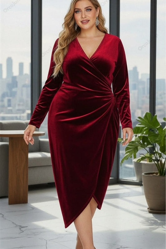 Womens Elegant Long Sleeve Velvet Bodycon Dress with Sexy Pleated Design Slim Fit Deep V Neck Party Cocktail Evening Dre