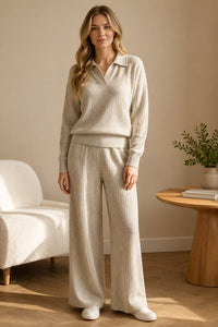 Ribbed Knit Collared Coord Set