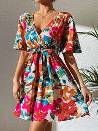 Printed Surplice Short Sleeve Mini Dress