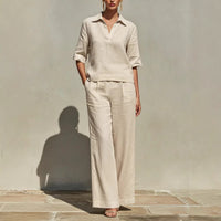 Women's Linen Blend Collared Top and Wide-Leg Trousers Set