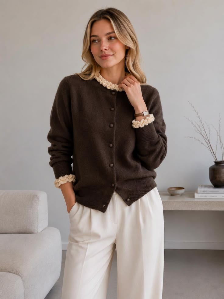 100% Wool Ruffle Trim Cardigan for Women Vintage Inspired Button Front Knit Sweater