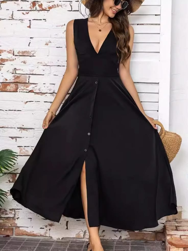 Slit V-Neck Sleeveless Dress