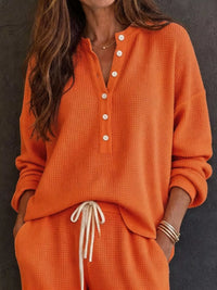 Waffle Knit Henley Top and Wide Leg Pants Set