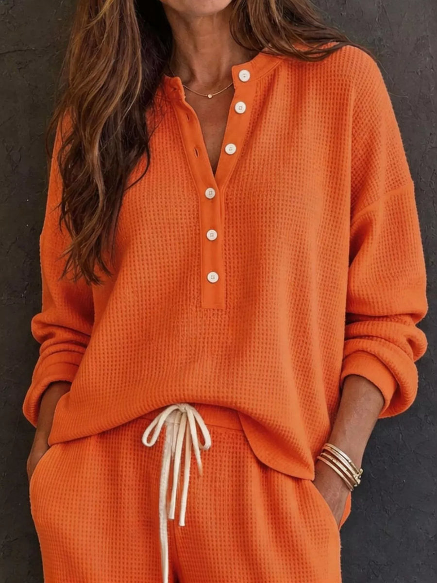 Waffle Knit Henley Top and Wide Leg Pants Set
