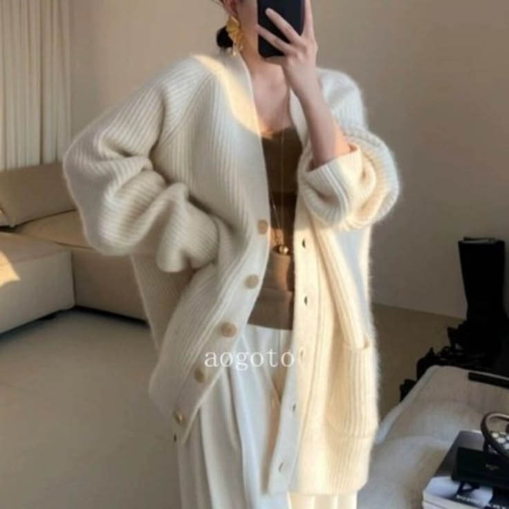 100% Wool Cardigan Women's Loose Soft Knitted V Neck Cashmere Sweaters Mid Long