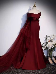 Pretty A line Off The Shoulder Burgundy Satin Long Evening Party Dress