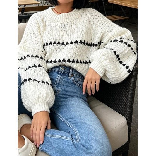 Yesfashion Women’s Cable Knit Crew Neck Sweater Loose Oversized Bell Long Sleeve Contrast Stripe Pullover Top