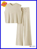Women's 2 Piece Sleeveless Ribbed Knit Top Wide Leg Pants Lounge Set
