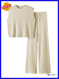 Women's 2 Piece Sleeveless Ribbed Knit Top Wide Leg Pants Lounge Set