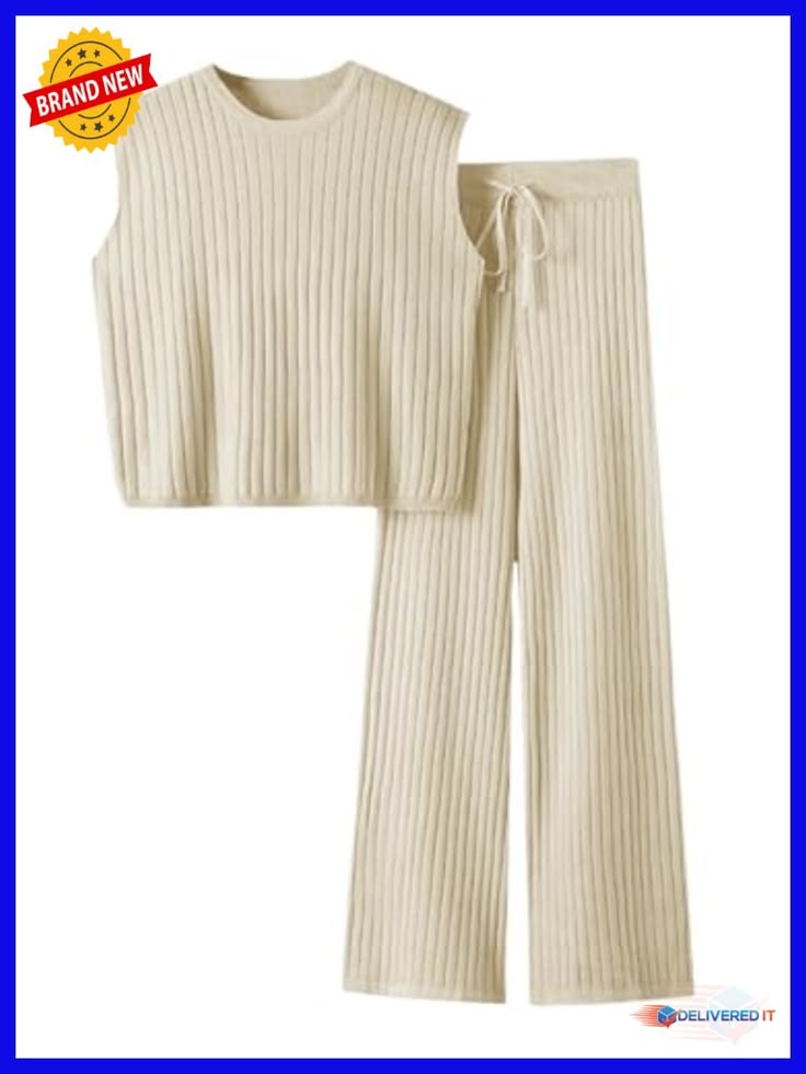 Women's 2 Piece Sleeveless Ribbed Knit Top Wide Leg Pants Lounge Set