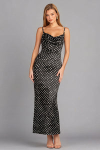 Black and White Dots Mermaid Spaghetti Straps Maxi Wedding Guest Dress