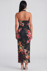 Celeste Halter Ruched Maxi Dress in Champagne Floral