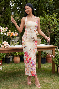 Celeste Halter Ruched Maxi Dress in Champagne Floral