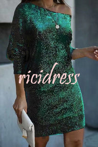 Solid Sequined Off Shoulder Loose Mini Dress