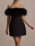 Club London Off Shoulder Feather Trim Mini Dress