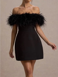 Club London Off Shoulder Feather Trim Mini Dress