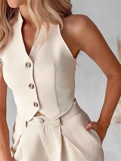 Women's Sleeveless Button-Front Waistcoat Wide Leg Trouser Set