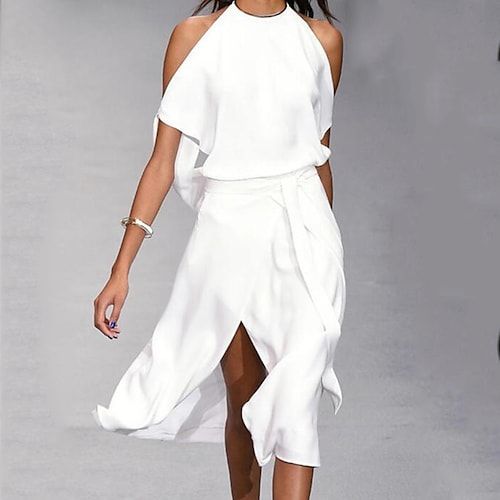 Women's A Line Dress Midi Dress White Dress Split Spring Summer cold shoulder Personalized Stylish Elegant Loose 2026 - $26.99